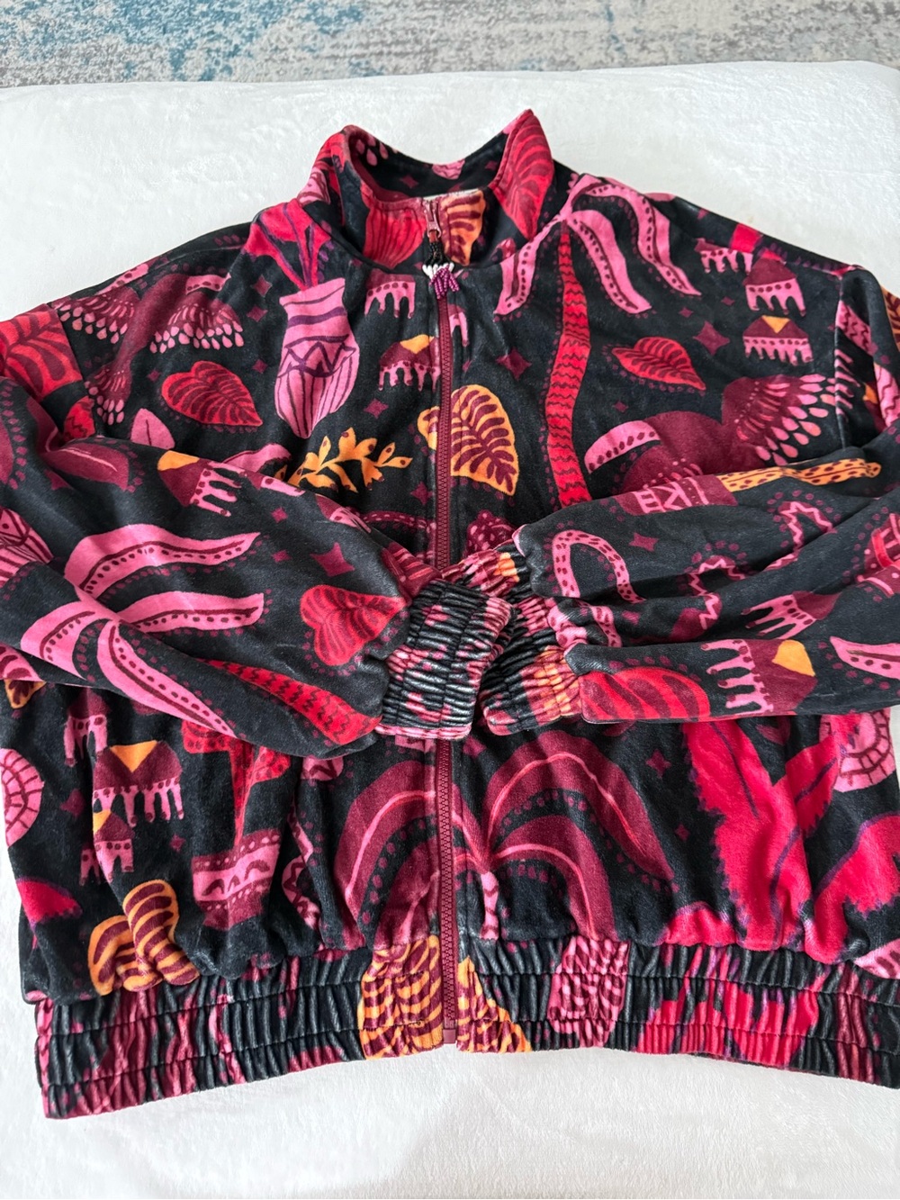 FARM RIO Black Tropical Magic Plush Velvet Bomber Jacket Size Large EB2